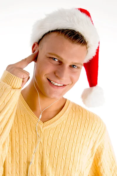 Menino de Natal desfrutando música — Fotografia de Stock