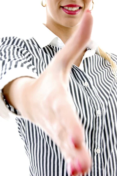 Vista frontal da mulher oferecendo aperto de mão — Fotografia de Stock