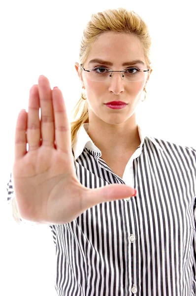 Young woman showing top sign — Stock Photo, Image