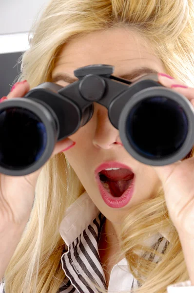 Shocked female with binoculars — Stock Photo, Image