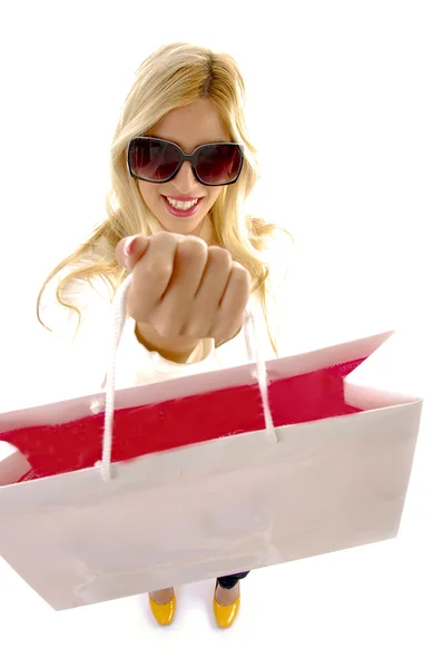 행복 한 여자 쇼핑 가방 — 스톡 사진