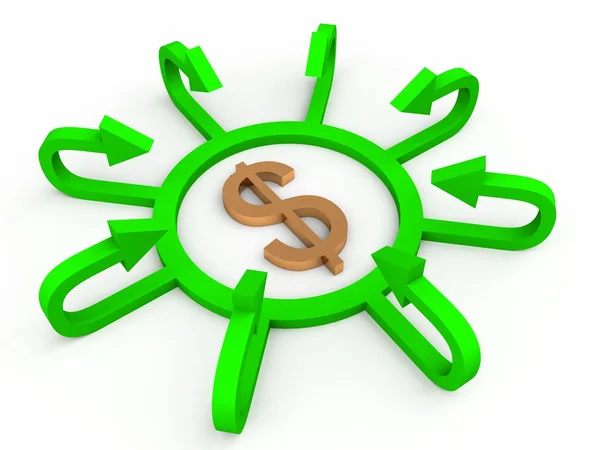 3d dollar sign surrounded by arrows — Stock Photo, Image