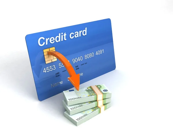 3D-Kreditkarte mit Bündel von Währung — Stockfoto