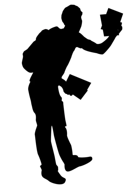 Hombre mostrando libros, bolsa de mano — Foto de Stock