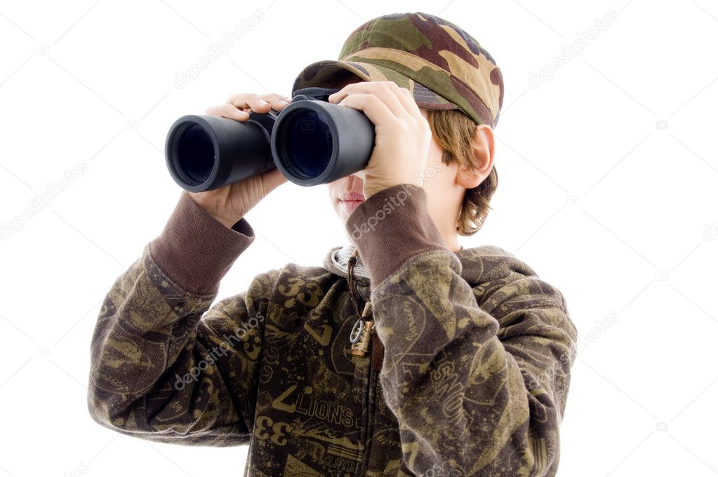 Front view boy viewing through binocular