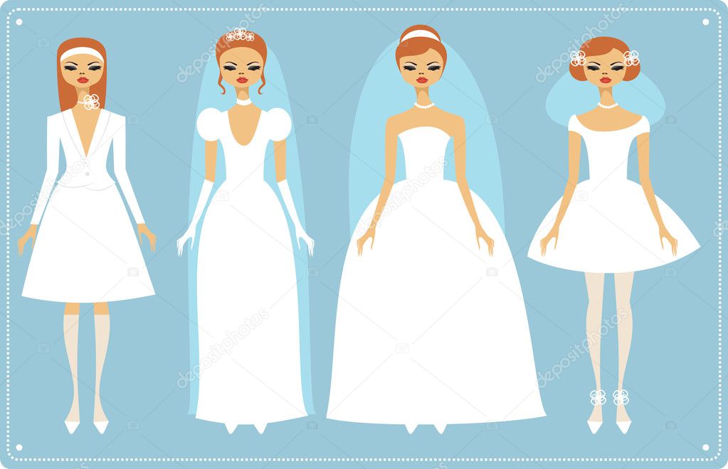 Four brides wearing wedding dresses