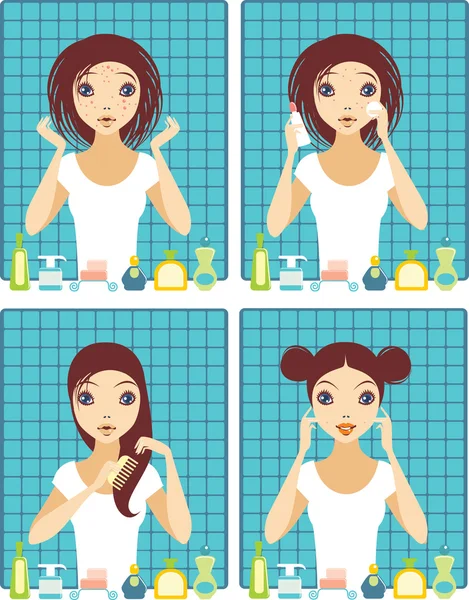 Girl is struggling against pimples — Stock Vector