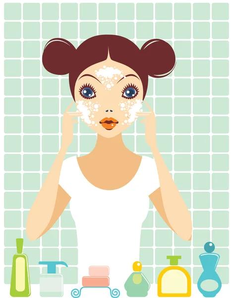 Girl is washing her face — Stock Vector