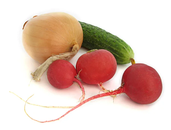 Onions, garden radish and cucumber — Stock Photo, Image