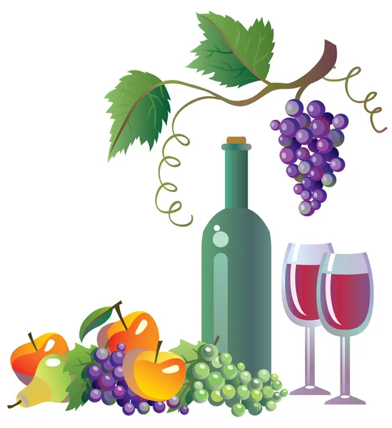 葡萄、 葡萄酒和水果 — 图库矢量图片