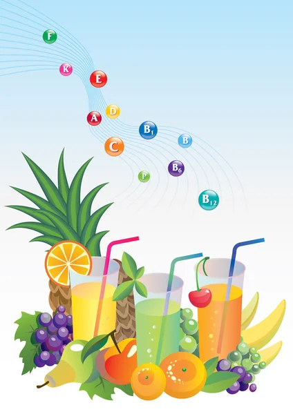 Vitamines, jus et fruits — Image vectorielle