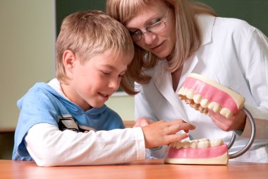 Dentist and boy with jaw clipart