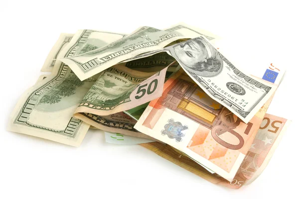 Hoop verfrommeld dollar en euro rekeningen — Stockfoto