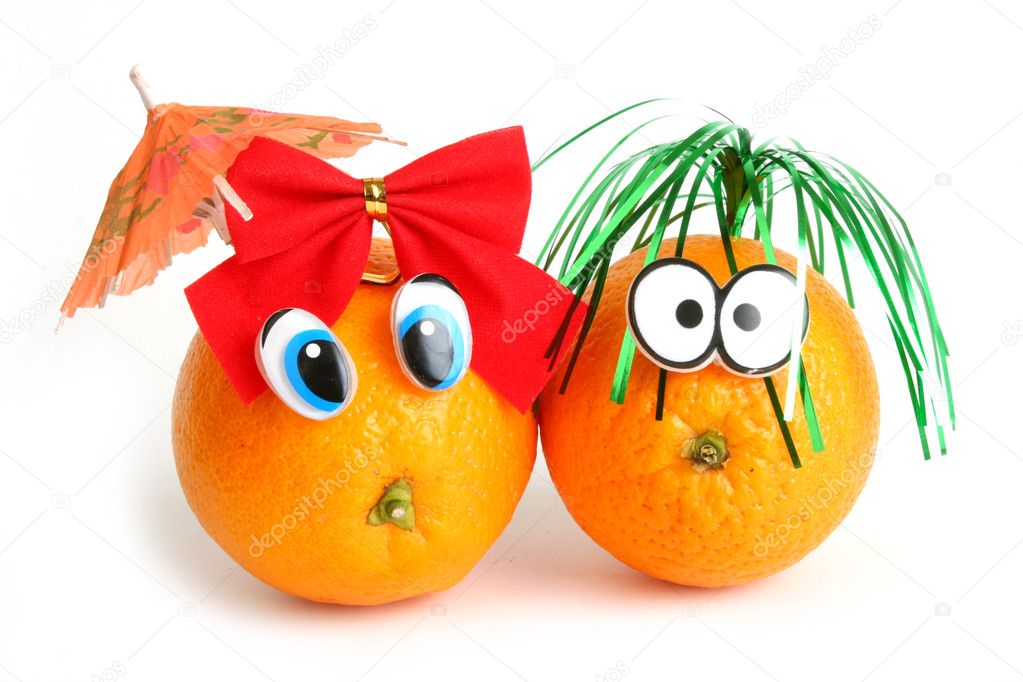 Funny oranges girl and boy with eyes