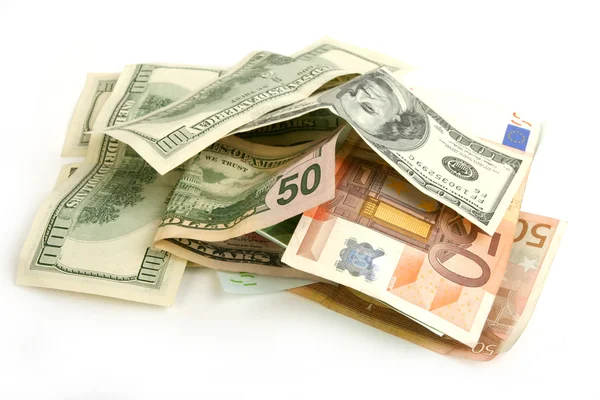 Buruşuk dolar ve euro Bono yığını — Stok fotoğraf