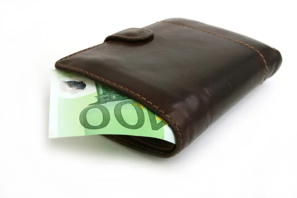 Kahverengi deri çanta 100 euro fatura — Stok fotoğraf