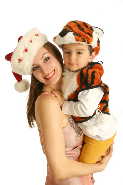 Moeder met baby in kostuums — Stockfoto