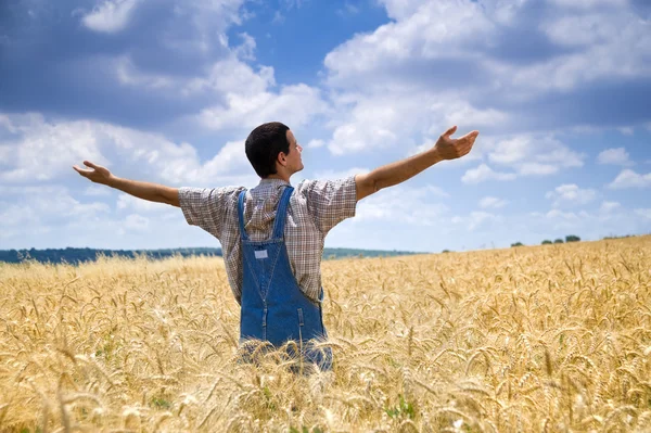 Farmer in wheat field with arms spread out — Stock Photo, Image