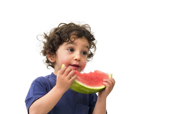 Jongen en watermeloen — Stockfoto
