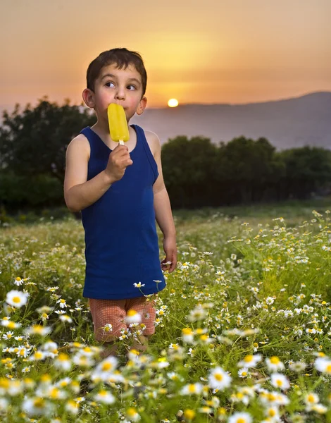 Мальчик с фруктовым мороженым — стоковое фото
