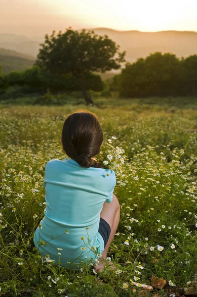 Dziewczynka gospodarstwa kwiaty w pole na zachodzie słońca — Zdjęcie stockowe