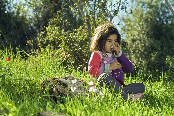 Dziewczyna siedzi w trawie trzymając kwiat — Zdjęcie stockowe