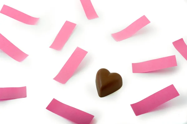 Chocolate heart pink notes — Stockfoto