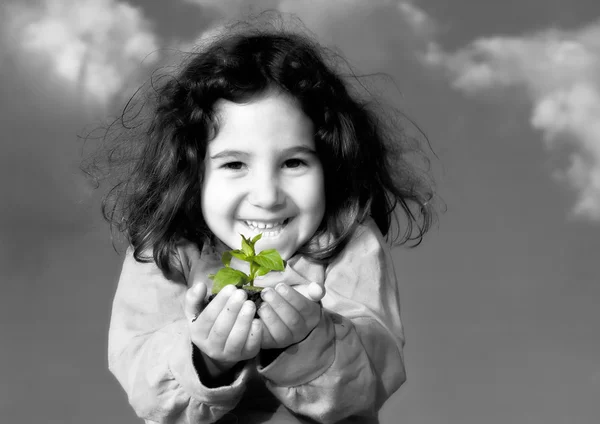 Μικρό κορίτσι εκμετάλλευση φυτό — Φωτογραφία Αρχείου