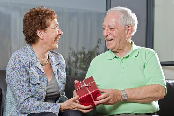 Senior couple giving gift — Stock Photo, Image