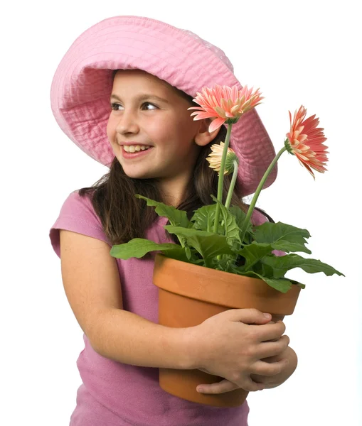 年轻的女孩粉色雏菊 — 图库照片