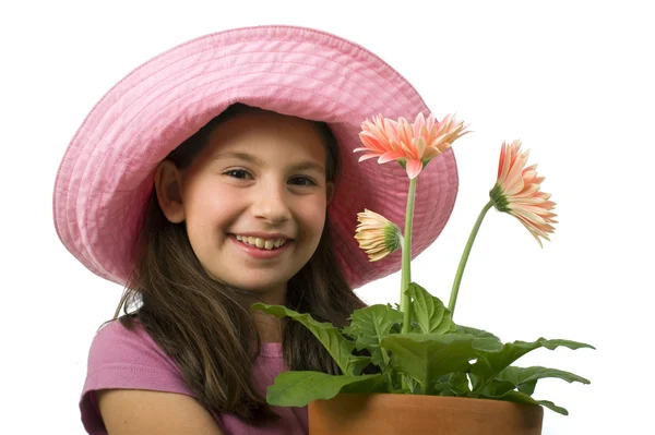 Νεαρό κορίτσι ροζ μαργαρίτες — Φωτογραφία Αρχείου