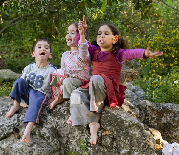 Üç çocuk açık havada şarkı — Stok fotoğraf