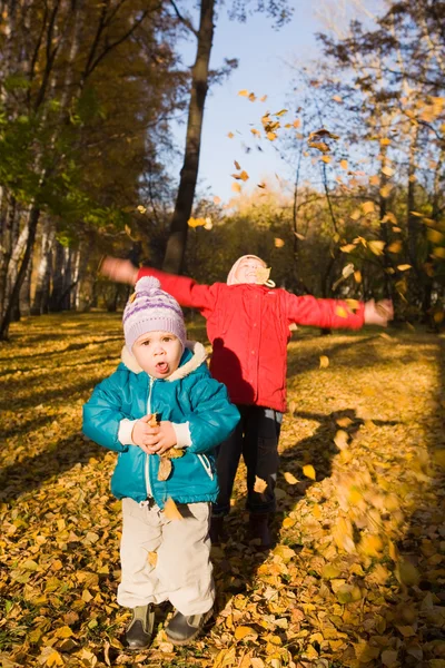 Дети бросают осенние листья — стоковое фото