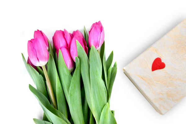 Close-up pink tulips with gift — Stock Photo, Image