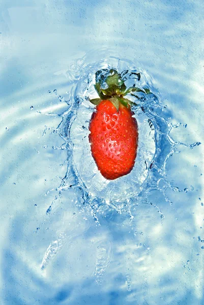 Fresh strawberry dropped into water — Stock Photo, Image