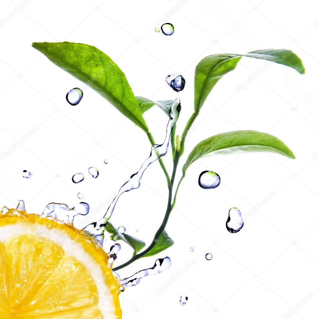 Water drops on lemon with green leaves