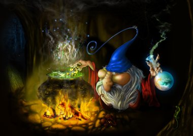 Drawing fairy sly wizard in cave clipart