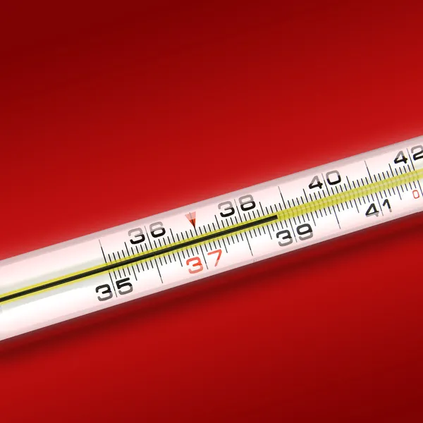 Termómetro de primer plano sobre fondo rojo — Foto de Stock