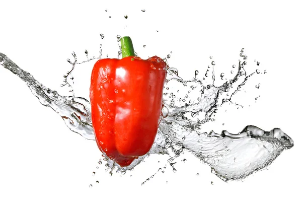 Zoet water splash op rode paprika — Stockfoto