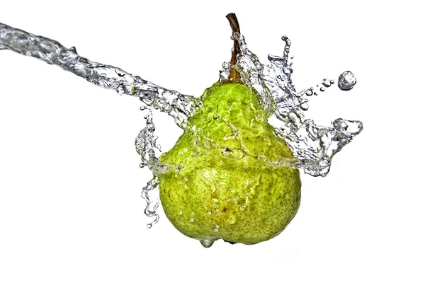 Fresh water splash on green pear — Stock Photo, Image