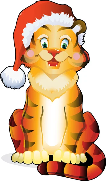 Natal tigre engraçado no chapéu do Papai Noel —  Vetores de Stock