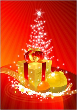 Golden gift-box in front of the xmas tre clipart