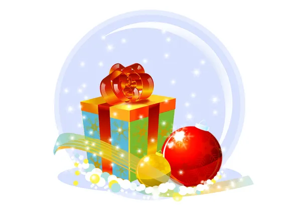 Gift box and two xmas globes — Stock Photo, Image