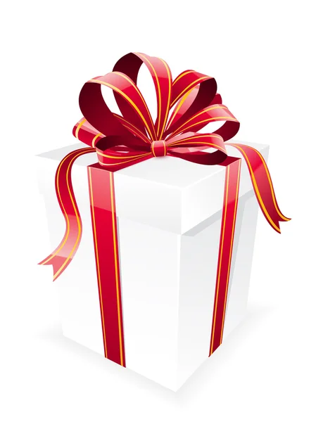 Belle boîte cadeau blanche avec arc rouge — Image vectorielle