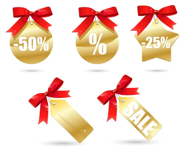 Conjunto de etiquetas de vendas douradas com arco vermelho — Vetor de Stock