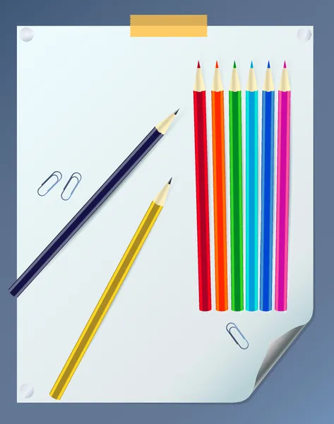 Hoja de papel rizado con lápices de color — Vector de stock