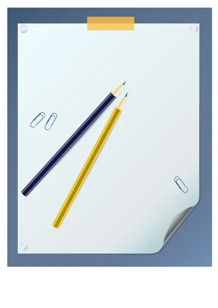 Hoja de papel rizado en blanco con dos lápices — Vector de stock
