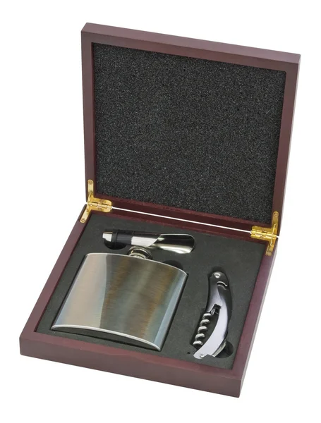 Flask and knife in wooden box — Stock Photo, Image