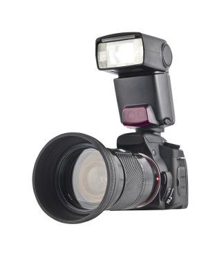 Professional camera with telephoto lens clipart