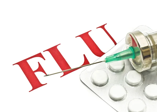 Grippe h1n1 - Nahaufnahme von Pillen und Spritze — Stockfoto